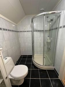 a bathroom with a toilet and a shower at Comfortable room - Double bed - Private bathroom - Free parking - Shared kitchen - Bus stop and store 2 min walk in Lunden