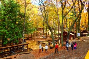 a group of people walking around a park at Camping field Kisokodo in Kiso-Fukushima
