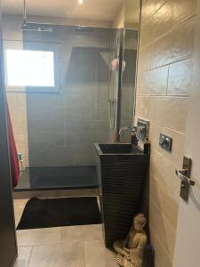 a bathroom with a sink and a shower and a statue at Koh Samui in Colomiers +4 photos