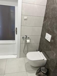 a bathroom with a toilet and a shower at Apartmán PASOMA in Levoča +19 photos