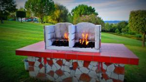 a fire pit on a stone table in a park at Agriturismo Colleverde in Terricciola
