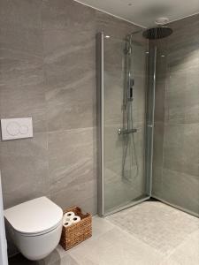 a bathroom with a shower with a toilet and a sink at New Aptartment Ocean View Central in Tromsø +6 photos