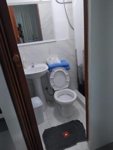 a bathroom with a toilet and a sink and a mirror at Monoambiente de estreno 35 m2 in Lima