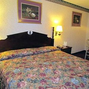 a bedroom with a large bed with a floral bedspread at Eagle Inn Sumter in Sumter