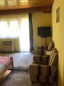 a living room with a couch and a tv at Ferenc Vendégház in Hévíz