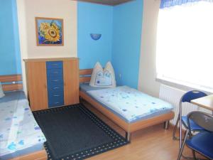 Ένα ή περισσότερα κρεβάτια σε δωμάτιο στο Roomy Apartment in Lichtenhain with Pond