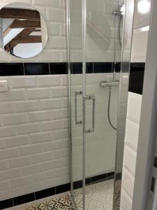 una doccia con una porta in vetro in un bagno di Tour du Bignon 30 beds 2 cottages 15 a Lorris