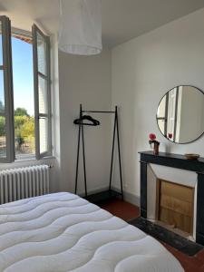 una camera con letto, specchio e camino di Tour du Bignon 30 beds 2 cottages 15 a Lorris