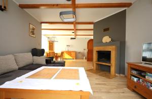 a living room with a couch and a fireplace at Dom pod Górskim Niebem in Kobiernice