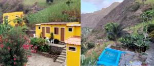 two pictures of a yellow house on a mountain at Casa Das Ilhas in Paul