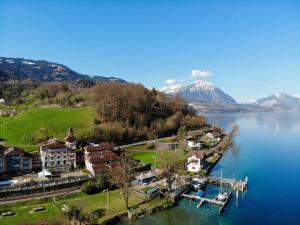 une petite ville sur la rive d'un lac avec des montagnes dans l'établissement Hotel Du Lac - Self Check-in, à Därligen