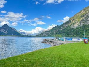 une vue d'un lac avec des montagnes en arrière-plan dans l'établissement Hotel Du Lac - Self Check-in, à Därligen