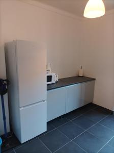a kitchen with a white refrigerator and a microwave at O'Couvent - Appartement 242 - 1 chambre - 72m2 - Quatrième étage in Salins-les-Bains
