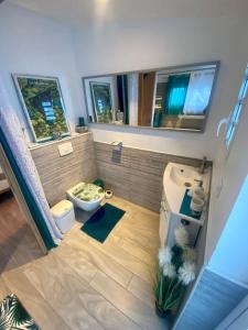a bathroom with a toilet and a sink and two windows at A La Tikaz Ressources in Le Tampon