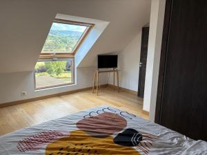 une chambre avec un lit avec une grande fenêtre dans l'établissement Le Cocon des Volcans d'Auvergne, à La Chapelle-dʼAlagnon