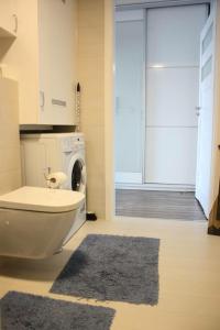 a bathroom with a toilet and a washing machine at Apartament Mechelinki in Mechelinki