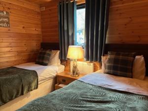 1 Schlafzimmer mit 2 Betten, einer Lampe und einem Fenster in der Unterkunft Balquhidder Braes Holiday Park Lodges, mostly with Hot Tubs and pet friendly, EV facilities in Lochearnhead
