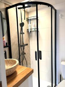 a shower with a glass door in a bathroom at De Polderhoeve in Heerhugowaard