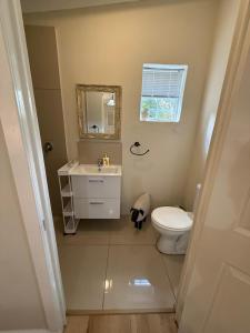 a bathroom with a toilet and a sink and a mirror at Railway Cottage at Rawdons Country Estate in Nottingham Road