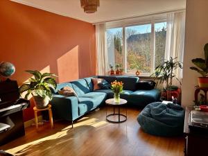 a living room with a blue couch and a window at Family home in Haarlem with garden, near beach & Amsterdam in Haarlem +16 photos