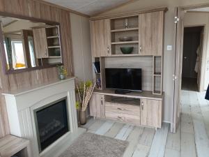 a living room with a tv and a fireplace at Fern Lodge with Hot Tub in Stonham Aspall