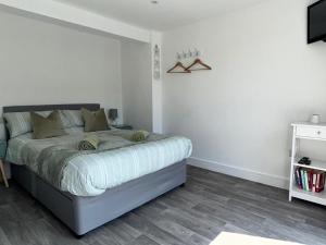 a white bedroom with a bed and a tv at Forest View Annexe in Ponterwyd