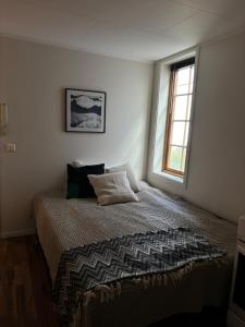 een slaapkamer met een groot bed en een raam bij Super central studio apartment in Tromsø