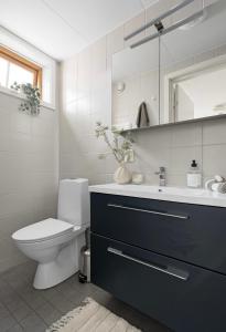 een badkamer met een toilet, een wastafel en een spiegel bij Super central studio apartment in Tromsø