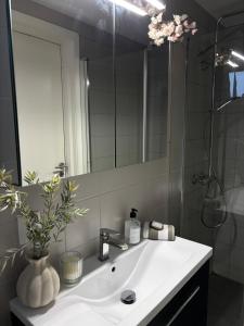 een badkamer met een witte wastafel en een spiegel bij Super central studio apartment in Tromsø +3 foto's