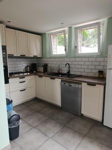 eine Küche mit weißen Schränken und einem Geschirrspüler in der Unterkunft Le chant des grenouilles in Boismont