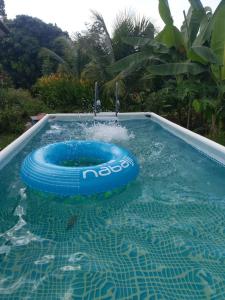 a pool with a blue raft in the water at Homestay VillaSolihin Sungai Buloh in Sungai Buluh