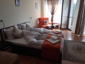 a large bed in a room with a chair at Elza Apartment in Pamporovo