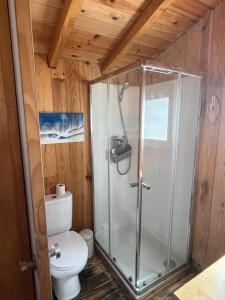 a bathroom with a toilet and a glass shower at Lisbon Beach Hut - Costa Caparica in Costa da Caparica