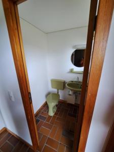 a bathroom with a green toilet and a sink at Landhaus in Bad Berleburg