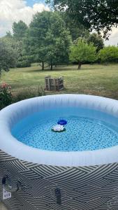 a pool of water with an umbrella in it at Gîte cévenol pleine nature tout confort in Soudorgues