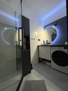 a bathroom with a sink and a washing machine at Apartmán Pod Hvězdami in Přímětice +9 photos