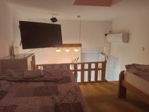 a living room with a flat screen tv on the wall at Apartman Dragana in Sremska Mitrovica