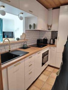 een keuken met witte kasten en een spoelbak bij Superbe Duplex Vue Lac et Château avec Plage et parking Privés in Duingt