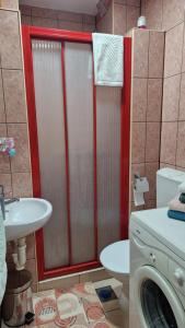 a bathroom with a shower with a sink and a washing machine at Apartman Katja Travnik in Travnik +16 photos