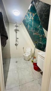 een badkamer met een douche, een toilet en een wastafel bij AkbA-Frame4 in İsmayıllı +7 foto's