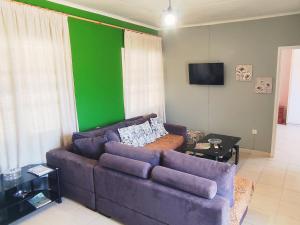 a living room with a purple couch and a green wall at Regina house in Metaxáta