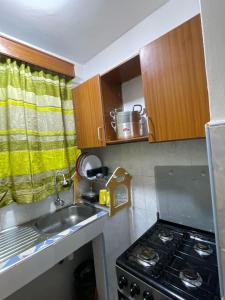 a kitchen with a sink and a stove at Cozy Kipepeo Cottage in Nairobi