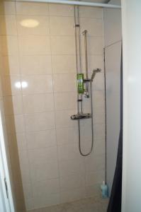 a bathroom with a shower with a glass door at Laplanders rooms in Kiruna