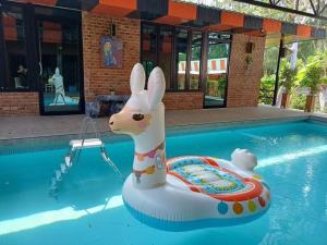 a inflatable bunny in the middle of a swimming pool at นิวพีเคซี รีสอร์ต in Prakhon Chai