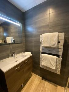 a bathroom with a sink and a mirror and towels at Hotel La Basilique in Épinal +15 photos