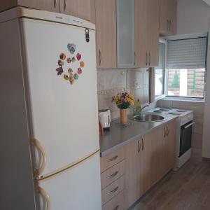 a kitchen with a white refrigerator with magnets on it at Apartmani LaVa igalo 2 in Igalo +8 photos