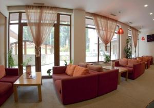 een woonkamer met banken, tafels en ramen bij Cozy studio 125 in Villa Park in Borovets