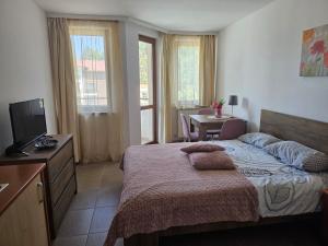 a bedroom with a bed and a television and a table at Cozy studio 125 in Villa Park in Borovets