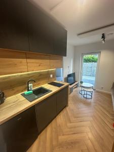 a kitchen with a sink and a counter top at Nowa Apartmenty - parking lotniskowy in Palędzie