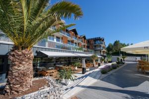 un palmier devant un bâtiment dans l'établissement Laguna Beskidów Resort - Piwniczka Pascala, à Zarzecze